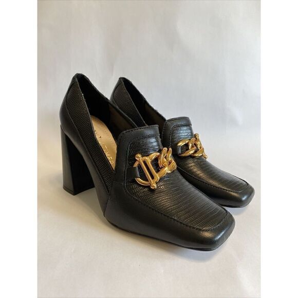 Gibson Latimer Black 6.5 Ritah Pumps Block High Heel Gold Metal Librarian - Picture 1 of 12